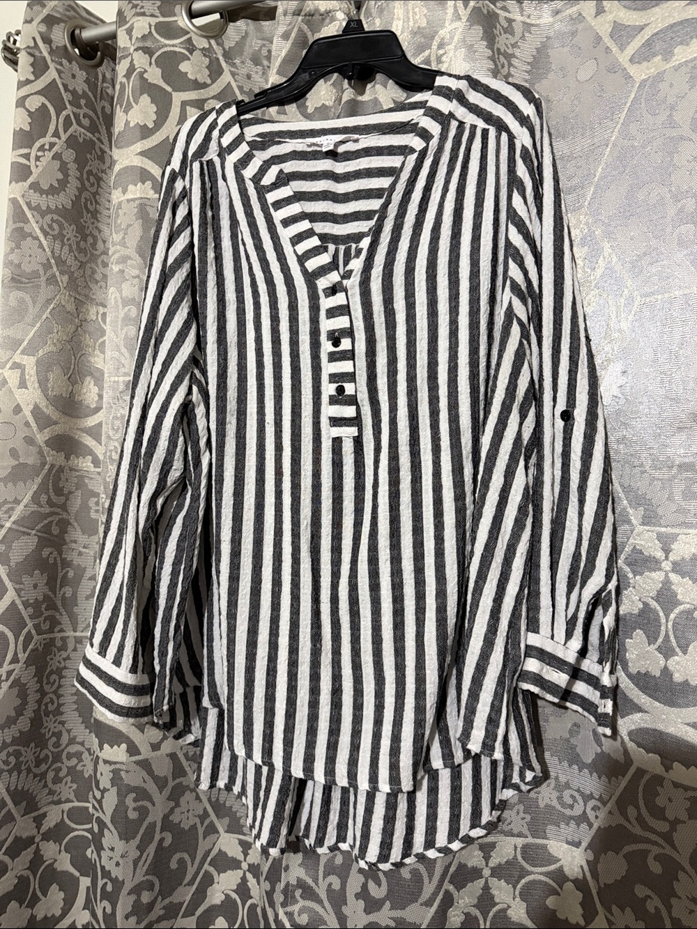 Striped V-Neck Button Front Women’s Top - Gray & White
